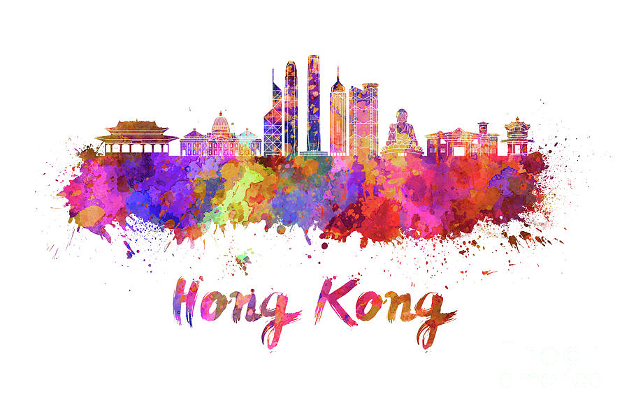 Hong Kong V2 skyline in watercolor Painting by Pablo Romero - Fine Art