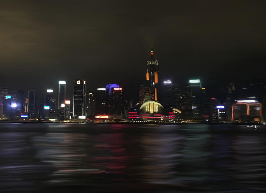 Hong Kong waterfront lights Painting by Michael Hodgson