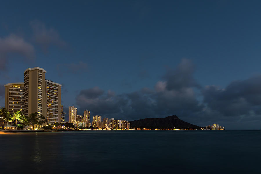 Honolulu Evening - Blue Hour with Waikiki Beach and Diamond Head Volcano Photograph by Georgia Mizuleva