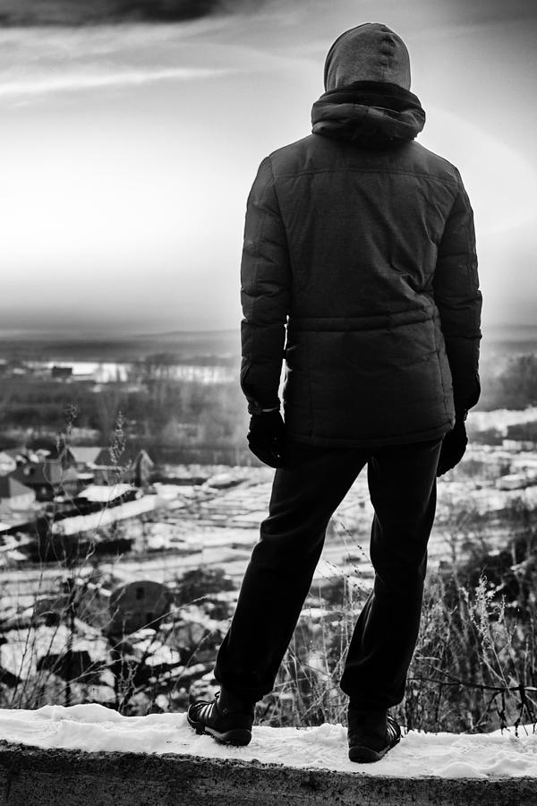 Hooded Man Staring at the World in Monochrome BNW Photograph by John Williams