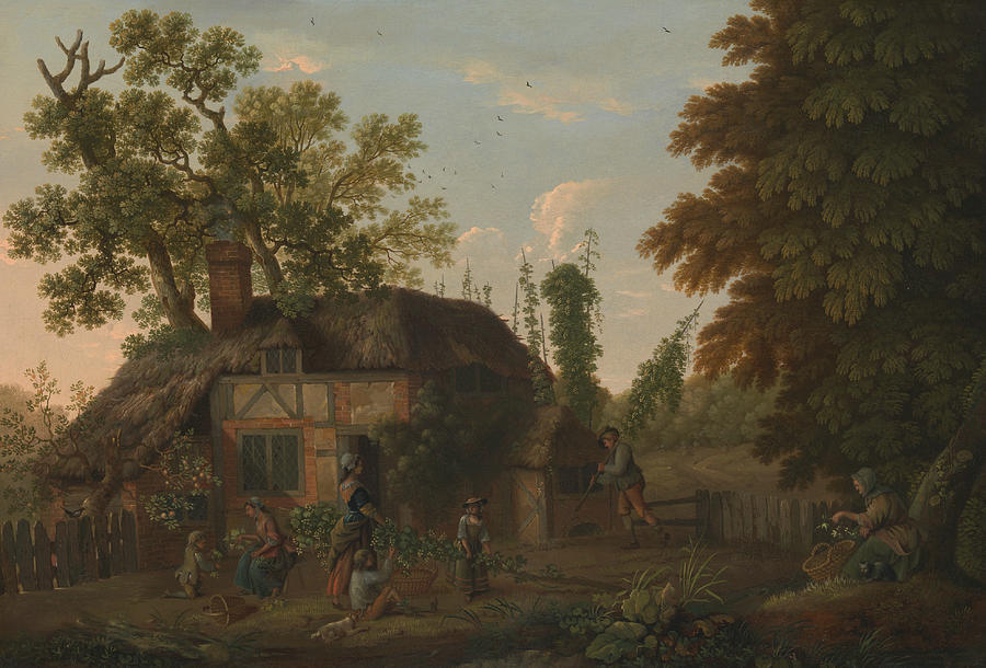 George Smith Painting - Hop Pickers Outside a Cottage by George Smith