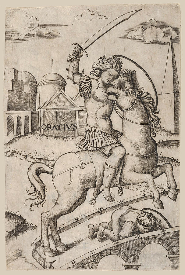 Horatius Cocles on horseback trampling a fallen soldier Drawing by Marcantonio Raimondi