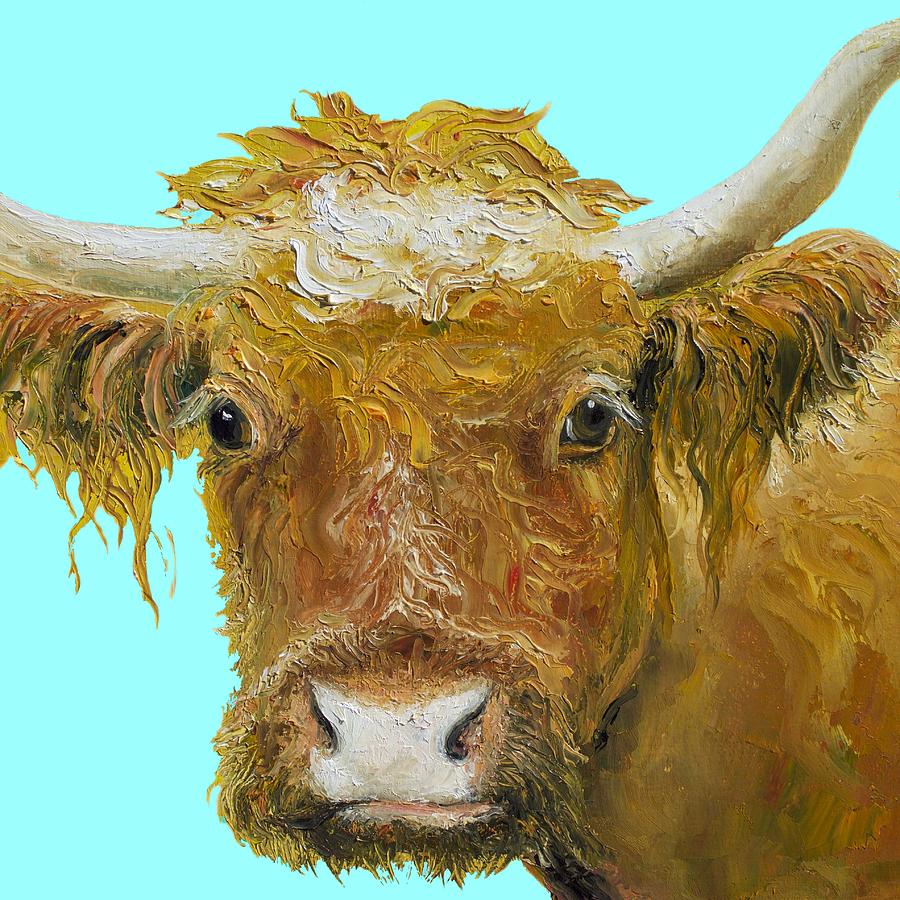 Horned Cow painting on blue background Painting by Jan Matson