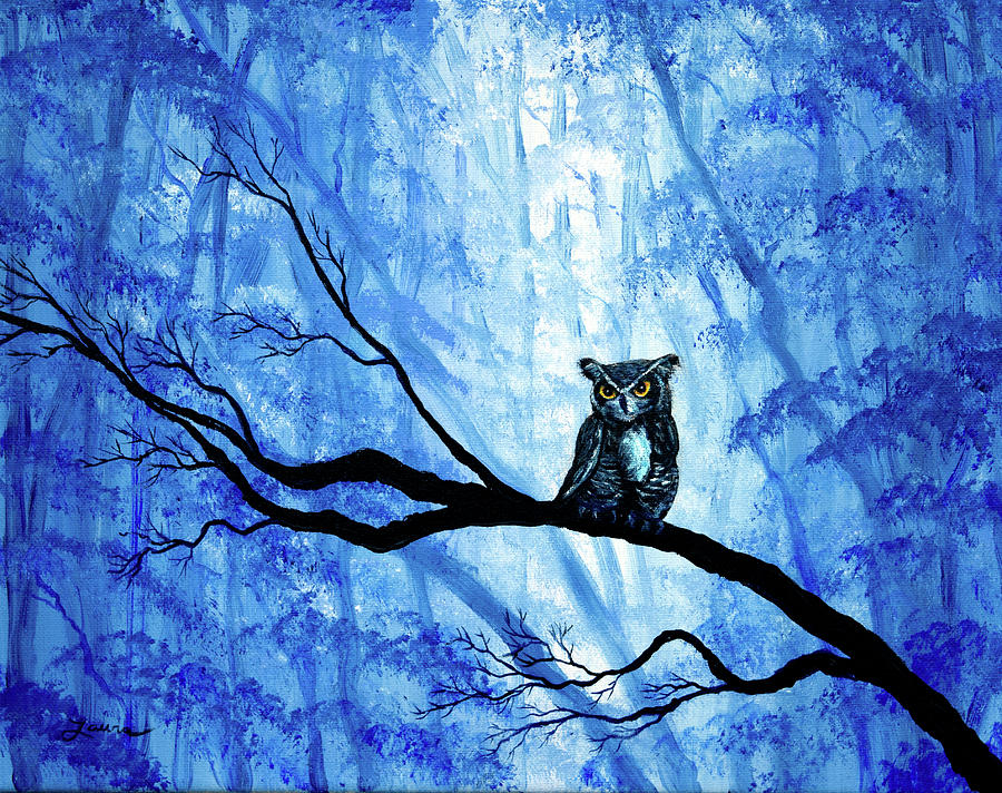 Horned Owl in Deep Blue Woods by Laura Iverson Horned Owl in Deep Blue Woods by Laura Iverson