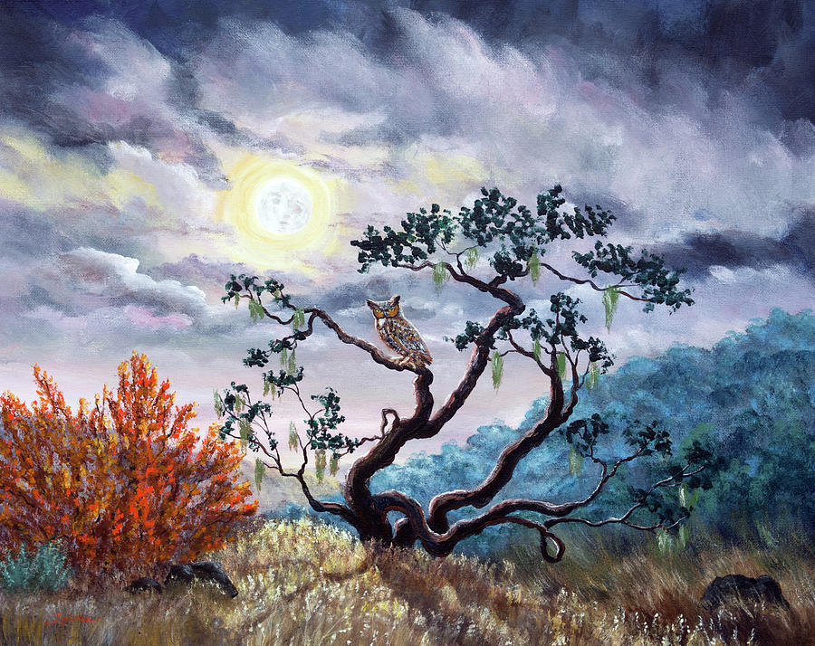 Horned Owl on Moonlit Oak Tree Painting by Laura Iverson