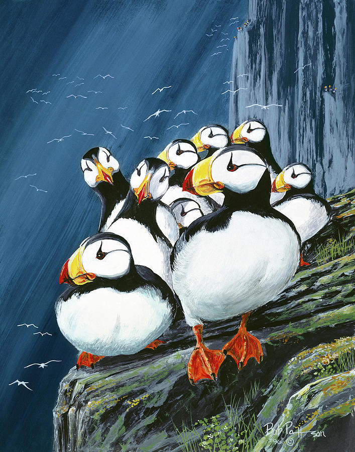 Puffin Painting - Horned Puffins at rest by Bob Patterson