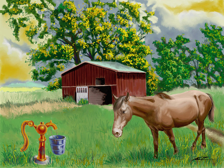Horse and Barn Painting by Dale Turner
