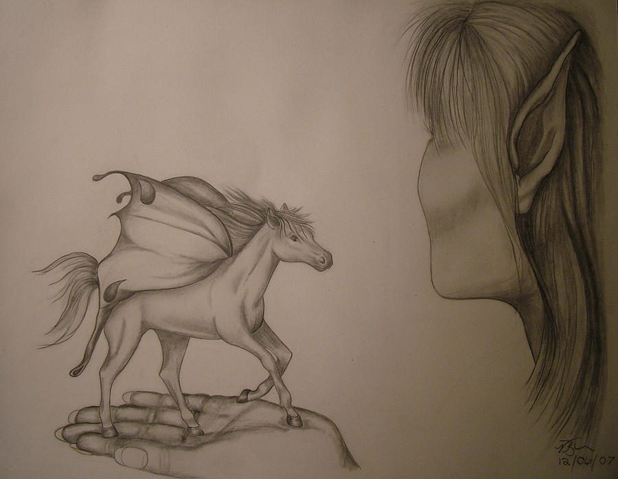 Fantasy Drawing - Horse and Fairy by Vickie Roche