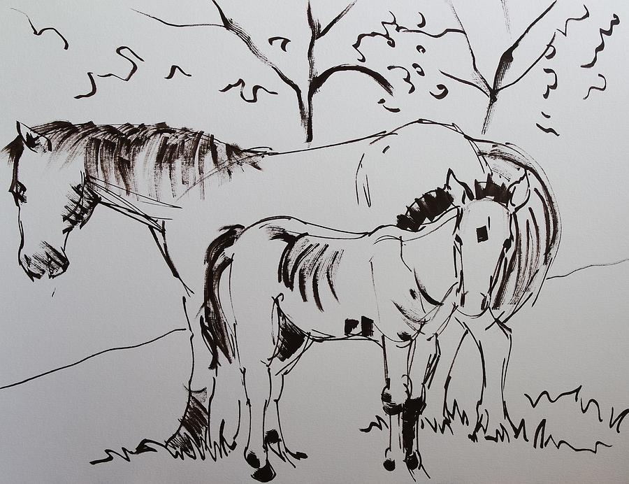 Horse and foal on Dartmoor drawing Drawing by Mike Jory