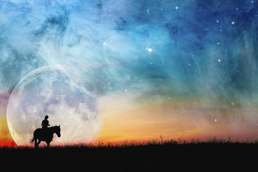 Horse And Rider On A Starry Night Photograph
