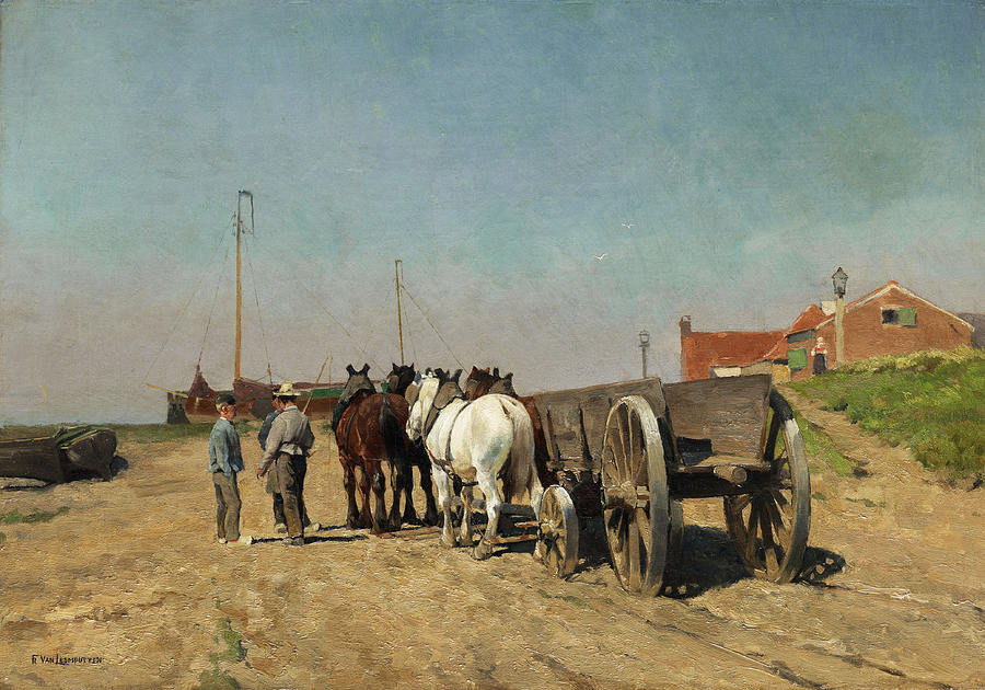 Horse-drawn carriage with barrow on a sandy road Painting by Frans Van Leemputten