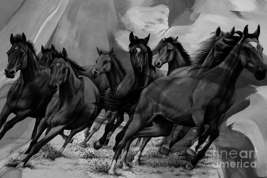 Horse family black and white  Painting by Gull G