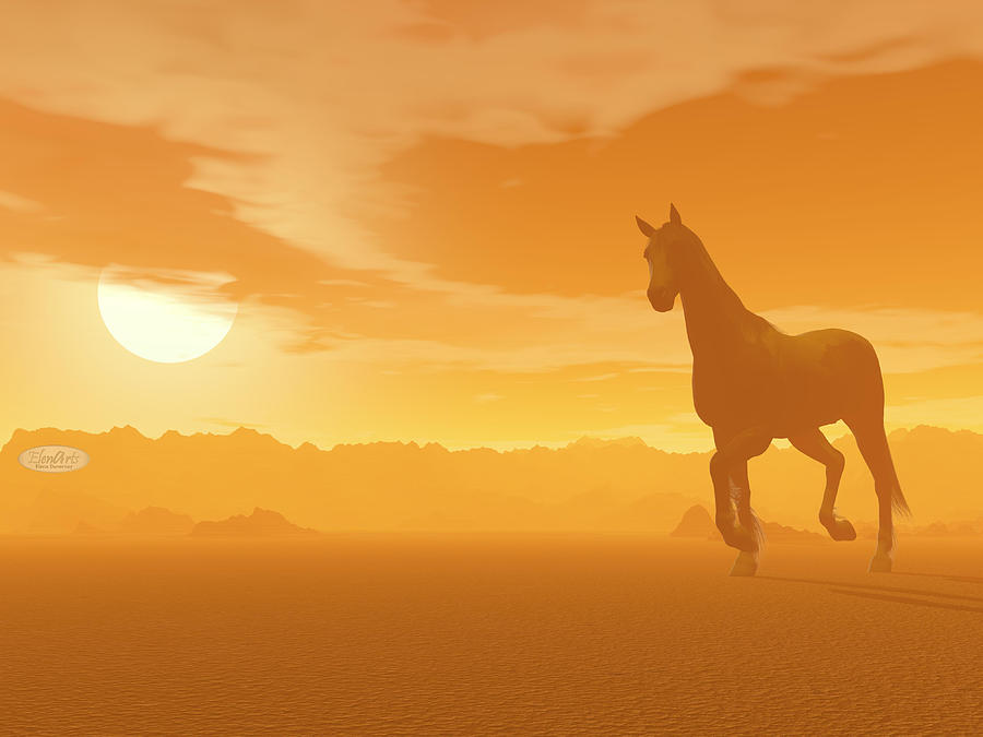 Horse in the desert by sunset - 3D render Digital Art by Elenarts ...