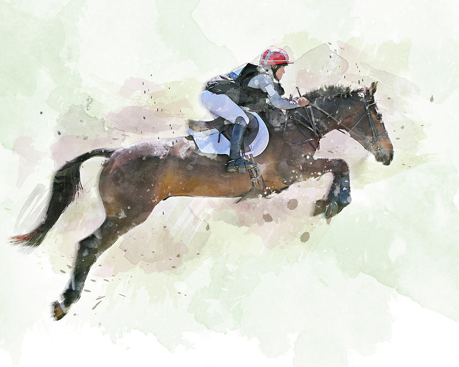 Horse Jumping Canvas Print Wall Art Digital Watercolor Decor Equestrian Gift