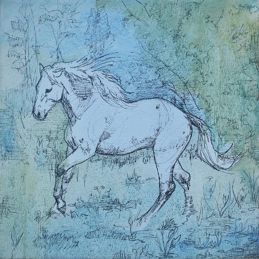 Horse Sketch in Blue Drawing by Idie Karr