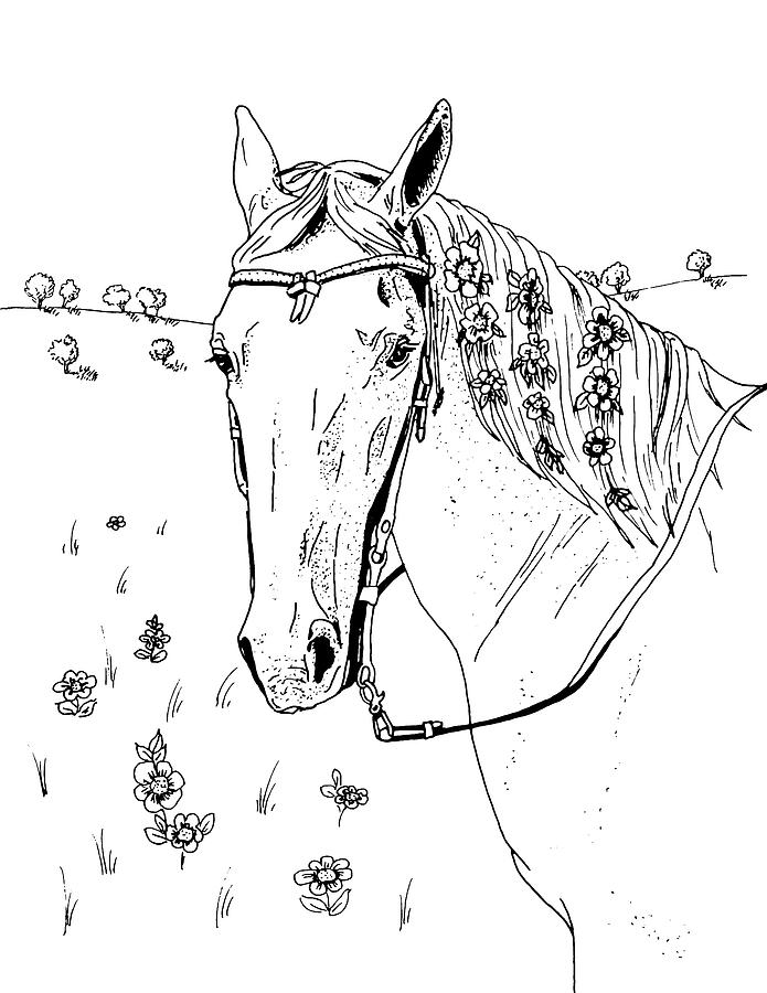 Horse with Flowers in Mane Drawing by Masha Batkova