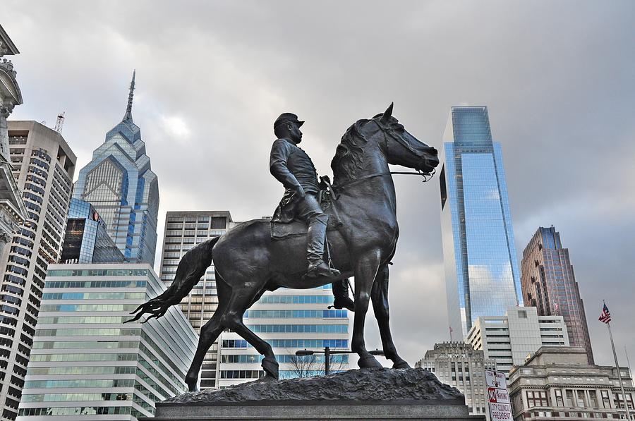 Philadelphia Photograph - Horseman Between Sky Scrapers by Bill Cannon