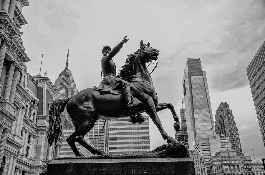 Horseman Cityscape in Black and White - Philadelphia Photograph by Bill Cannon