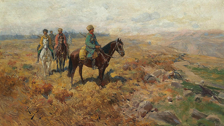 Horsemen in the hills Painting by Franz Roubaud