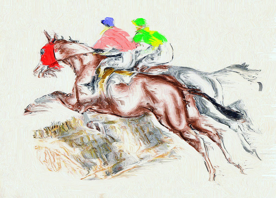 Horseracing - Hurdling Mixed Media by Charlie Ross