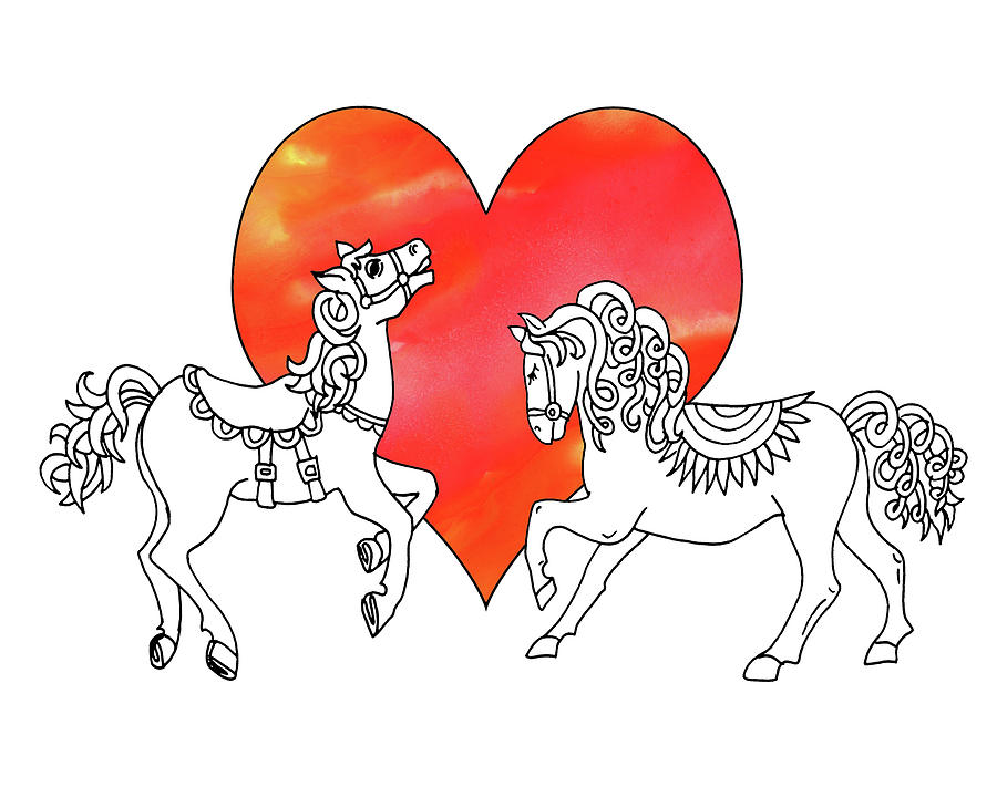 Horses And Heart Watercolor  Painting by Irina Sztukowski