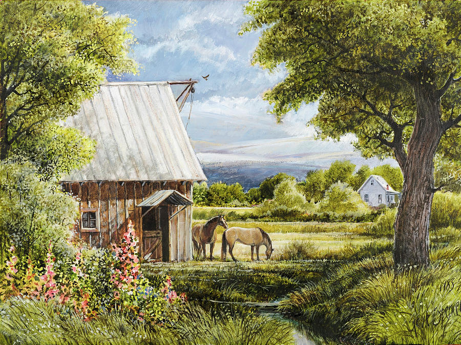 Horses and Hollyhocks Painting by Steve Spencer