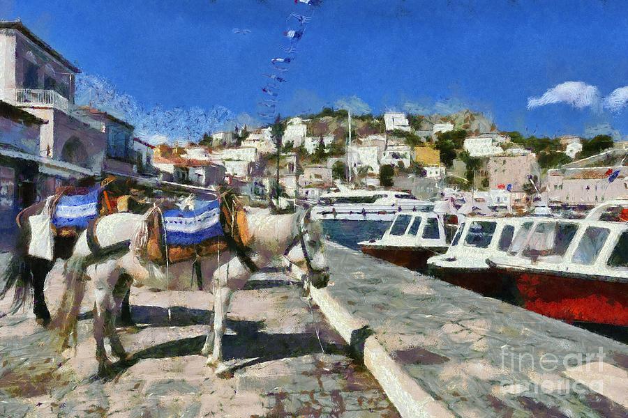 Horses and mules in Hydra island Painting by George Atsametakis