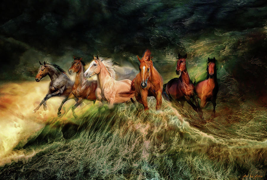 Horses and wave Painting by Lilia D