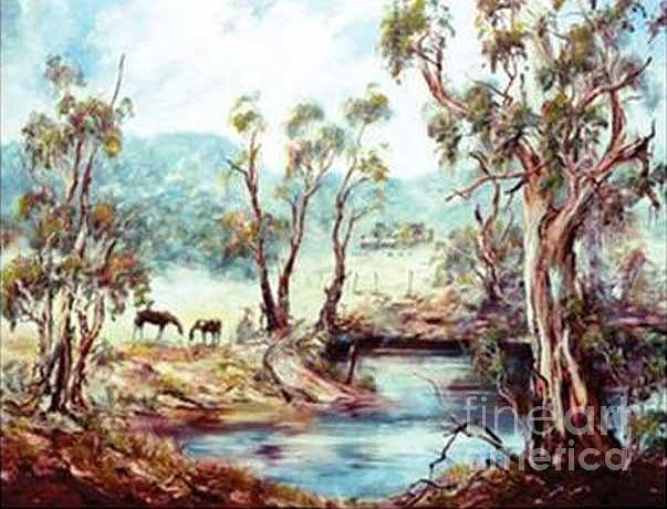 Horses at the Dam Painting by Ryn Shell