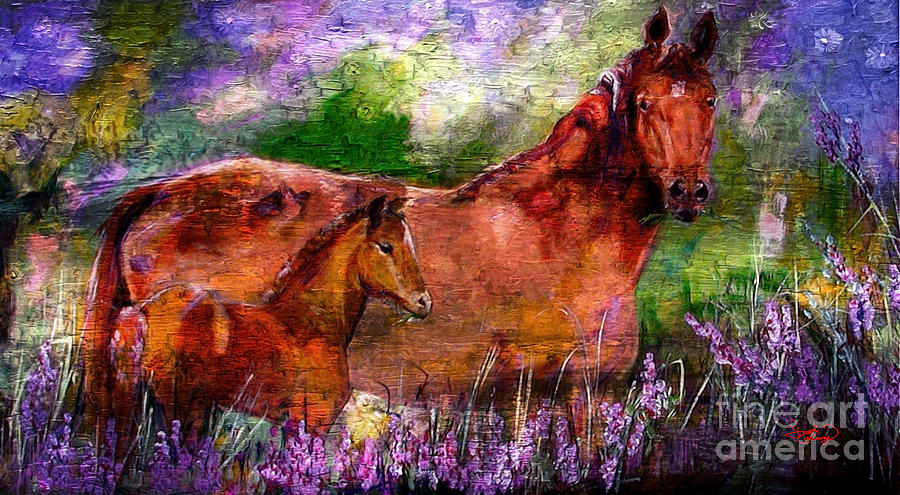 Horses Chestnut Mare and Foal Painting by Ginette Callaway