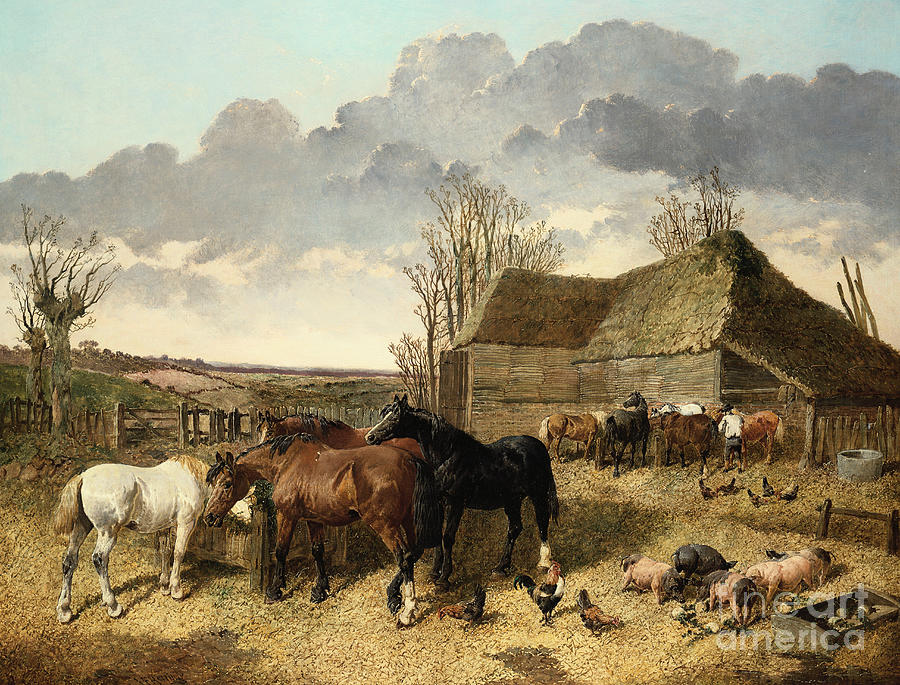 Horses eating from a manger, with pigs and chickens in a farmyard Painting by John Frederick Herring Jr