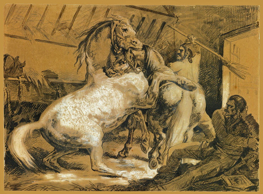 Horses Fighting in a Stable Drawing by Theodore Gericault
