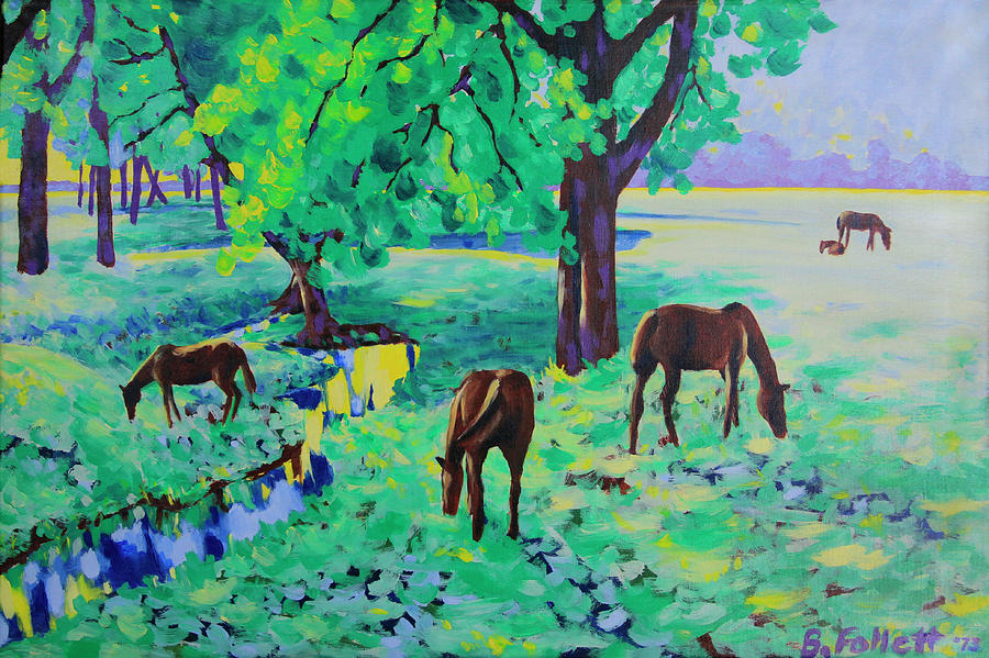 Horses Grazing Painting by Bonnie Follett