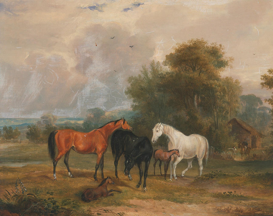 Horses Grazing - Mares and Foals in a Field Painting by Francis Calcraft Turner