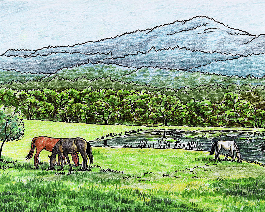 Horses Grazing Valley And Mountains Landscape Painting by Irina Sztukowski