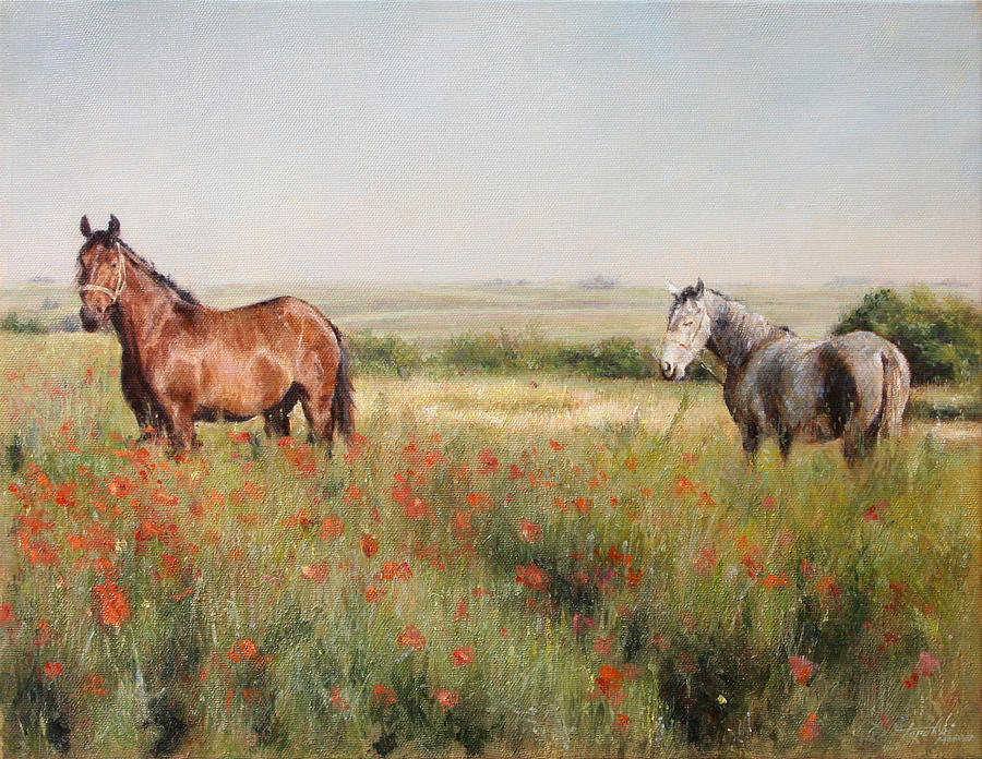 Poppy Painting - Horses in a Poppy field by Darko Topalski