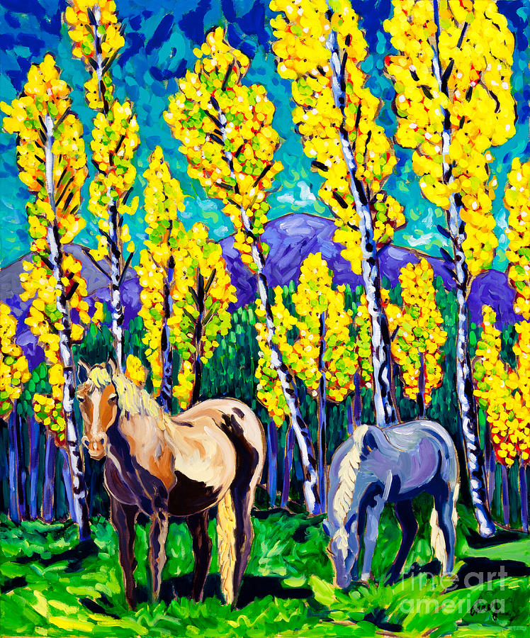 Horses in Aspens Painting by Cathy Carey