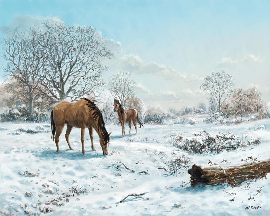 Horses in Countryside Snow Digital Art by Martin Davey
