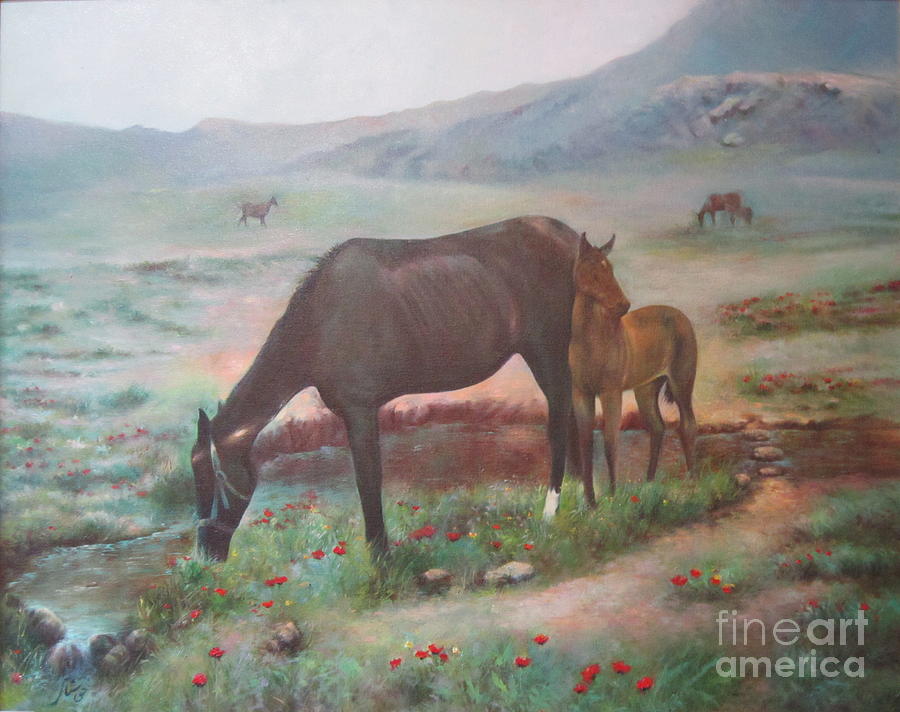 Horses Grazing Painting by Farideh Haghshenas