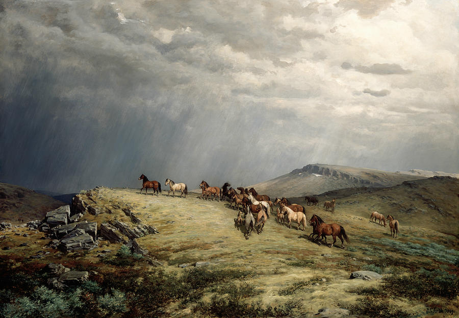 Horses in the Mountains Painting by Peter Nicolai Arbo