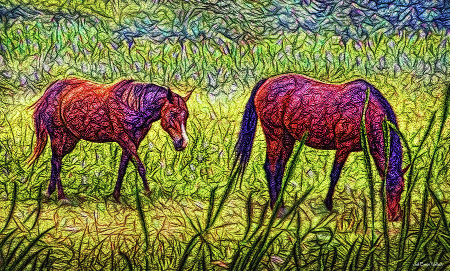 Horses In Tranquil Field Digital Art by Joel Bruce Wallach