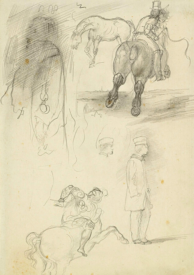 Horses Riders and a Young Man Drawing by Edgar Degas