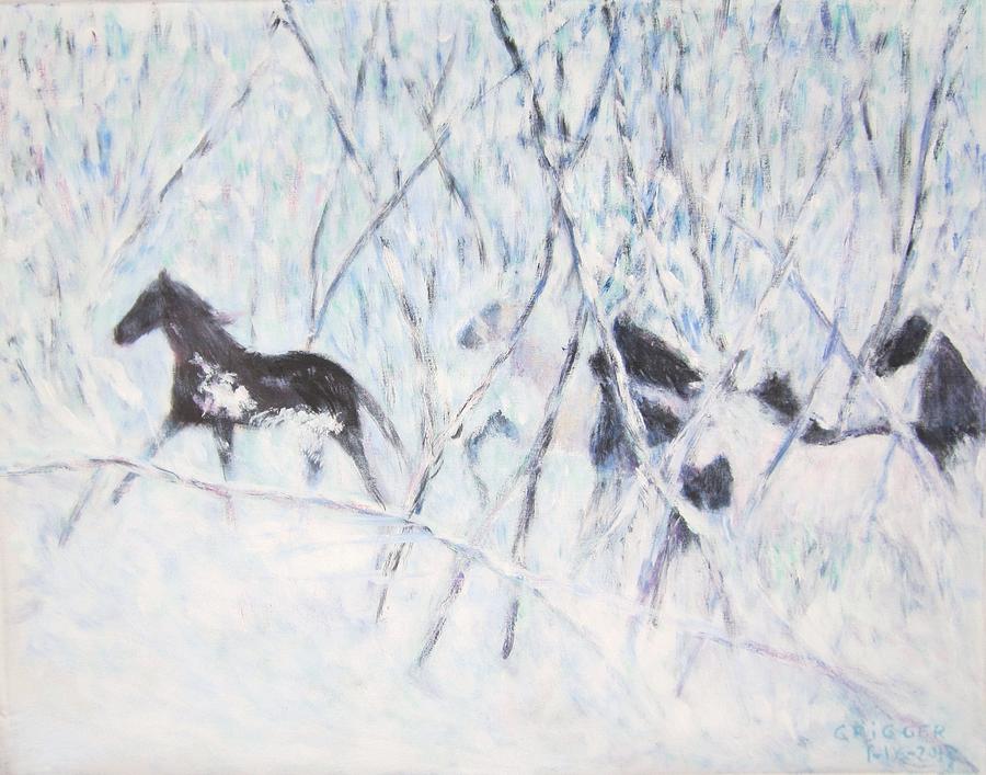 Horses Running In Ice and Snow Painting by Glenda Crigger
