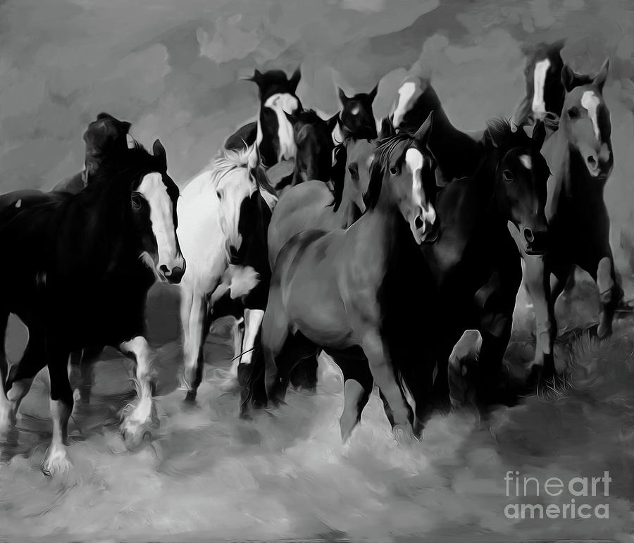 Black And White Painting - Horses Stampede 01 by Gull G