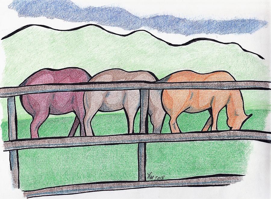 Horses through a fence Drawing by Loretta Nash