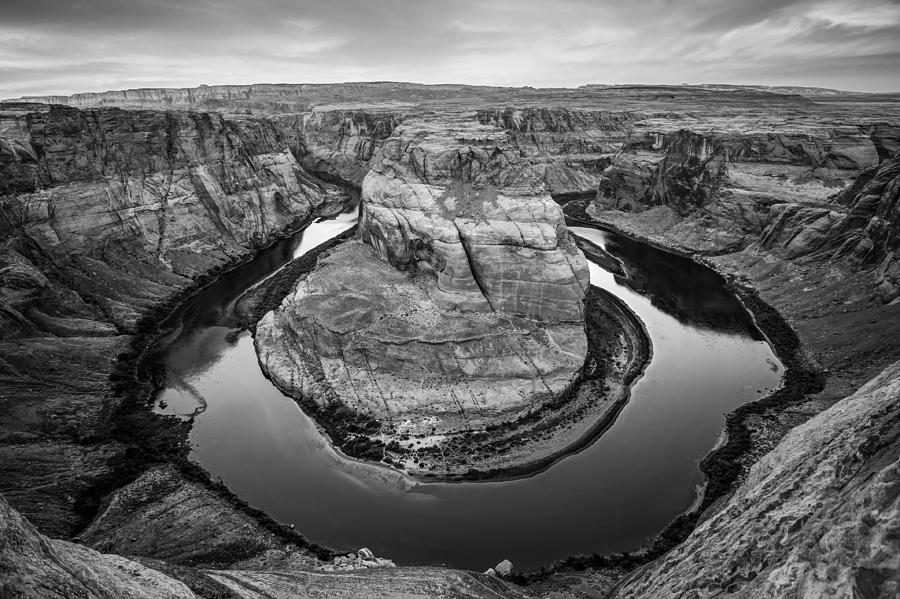 Horseshoe Bend Morning - Page Arizona Black and White Photograph by Gregory Ballos
