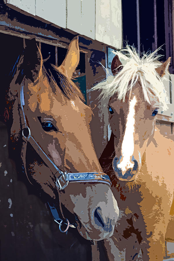 Horse Painting - Horsing Around in the Stable by Elaine Plesser