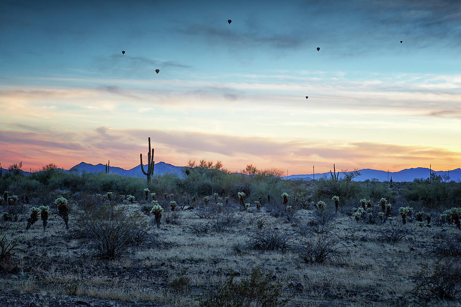 Hot Air Balloons Outside Phoenix at Sunset Photograph by Belinda Greb
