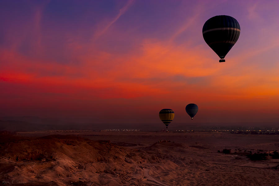 Hot Air Balloons Over Egypts Valley of the Kings at Sunrise Photograph by Mark Tisdale