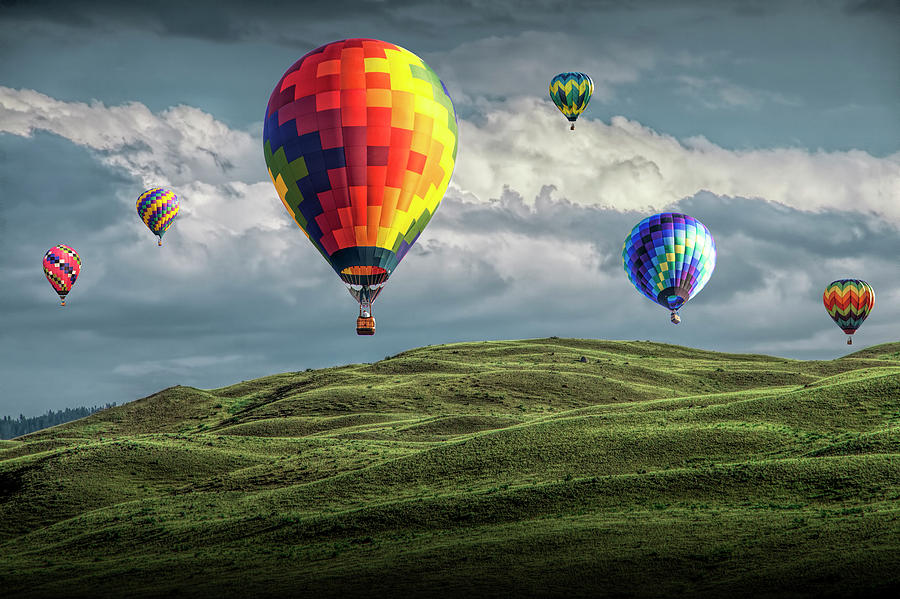 Hot Air Balloons over Green Fields Photograph by Randall Nyhof